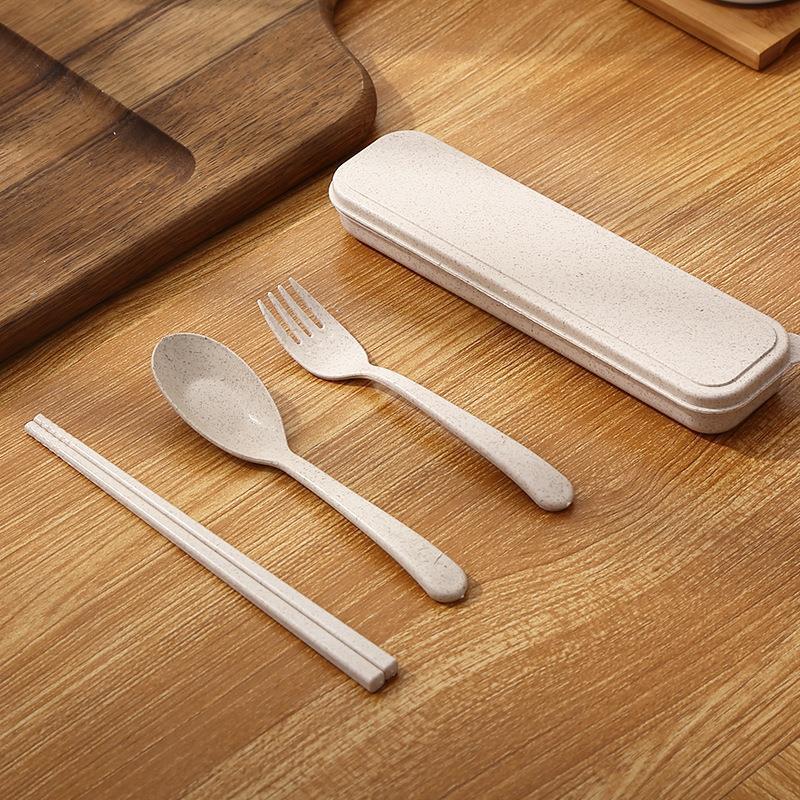 Tableware Student Outdoor Picnic School Minimalist Style Set Nordic Color Wheat Straw Fork Chopsticks Spoon Three in One Set