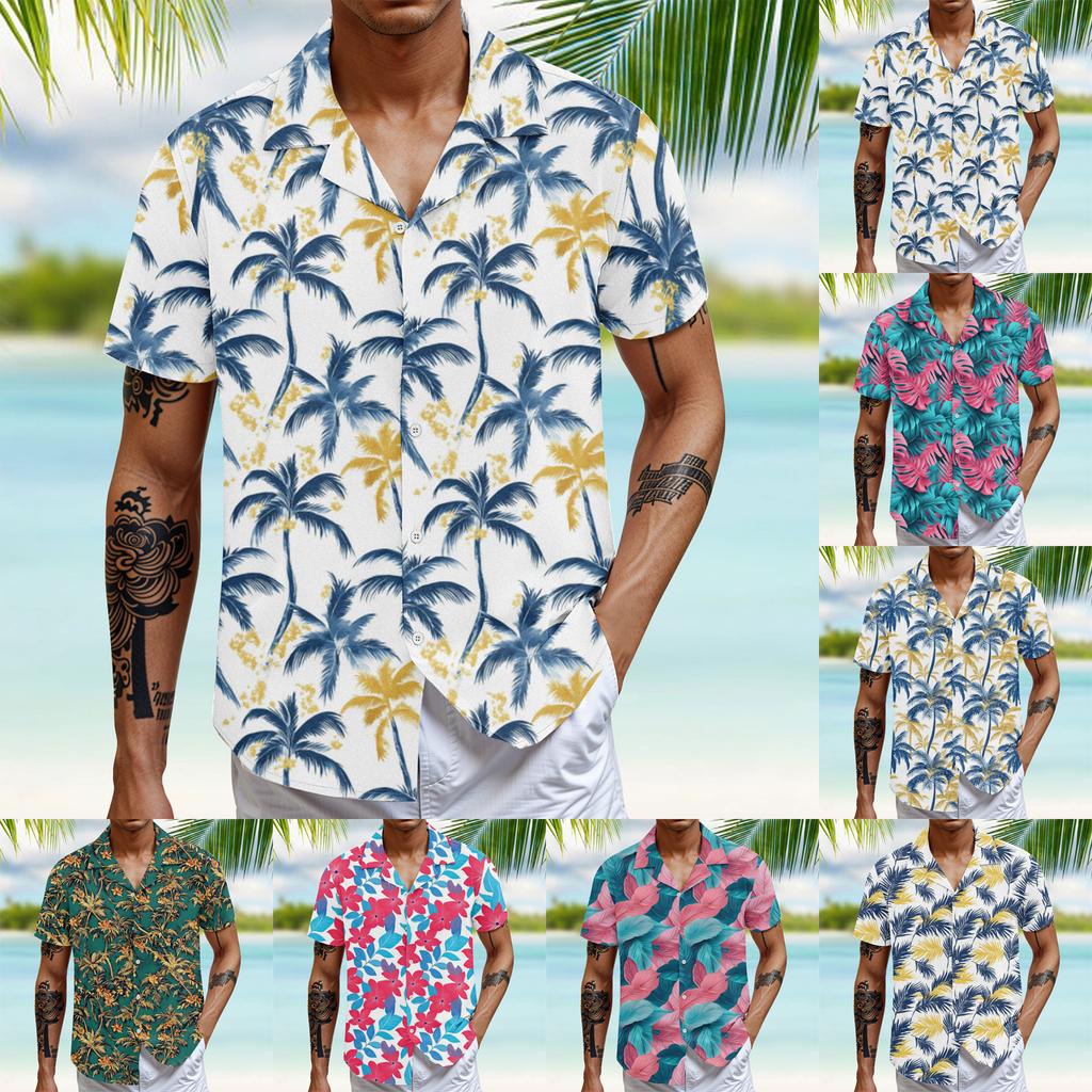 Men's Vintage Button Down Bowling Shirts Short Sleeve Summer Beach Shirt