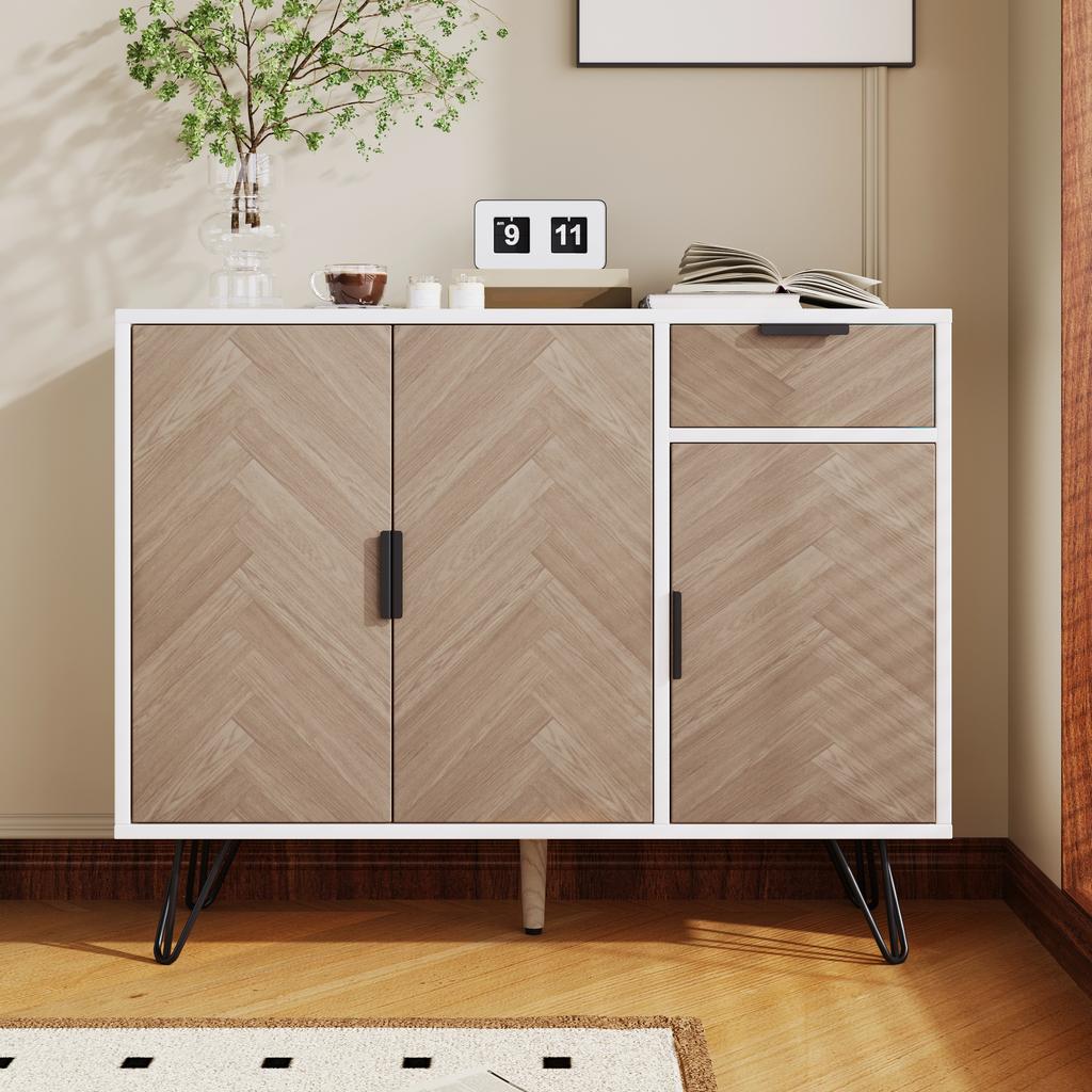 Modern Storage Cabinet, Sideboard in White and Wood Look with Drawer and Height-Adjustable Shelves (90 x 30 x 71.5 cm)
