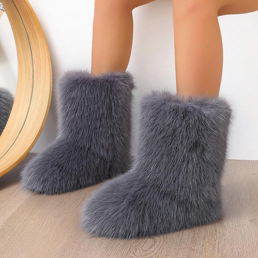 Europeiska Y2K Dam Mid-Calf Pälssnöskor - Varma, Moderiktiga, Plattbottnade Vinterstövlar