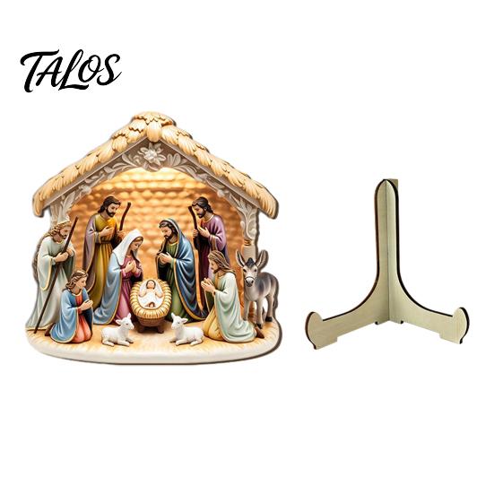 Christmas Religious Theme Decor Nativity Scene Wooden Tabletop Sign, Manger Holy Family Figurine Decor, Teak Wood Jesus Birth Figurines Xmas