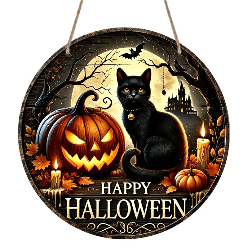 2D Flat, 1pc Vintage Halloween Black Cat Wall Decor, Round Aluminum Hanging Sign Featuring "Happy Halloween" Text, Pumpkin Lantern And Bat Patterns