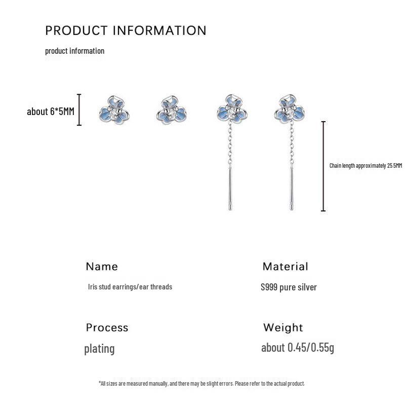 S999 Pure Silver Iris Ear Thread Earrings with Blue Zircon Flower Design