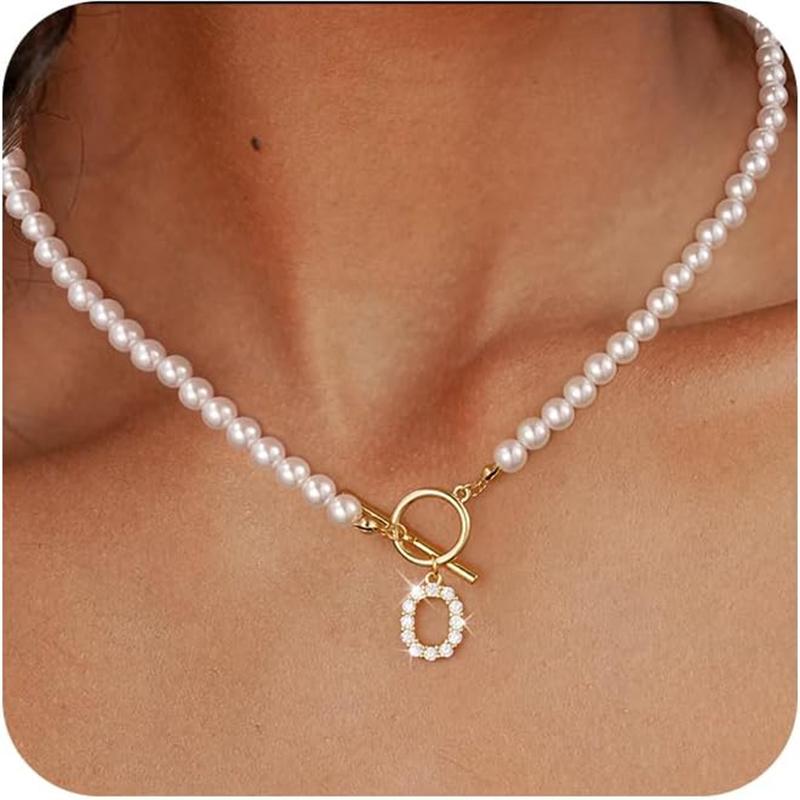 Rhinestone Letter Imitation Pearl Choker Necklace For Women Gold Plated Crystal Initial Pendant Necklace