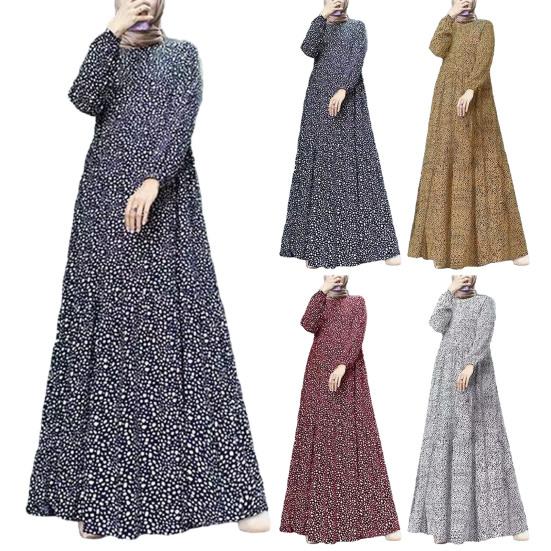 Women Maxi Dress O Neck Long Sleeve Loose A-line Big Hem Dot Print Vintage Soft Patchwork Dubai Turkey Abaya Long Robe Dress