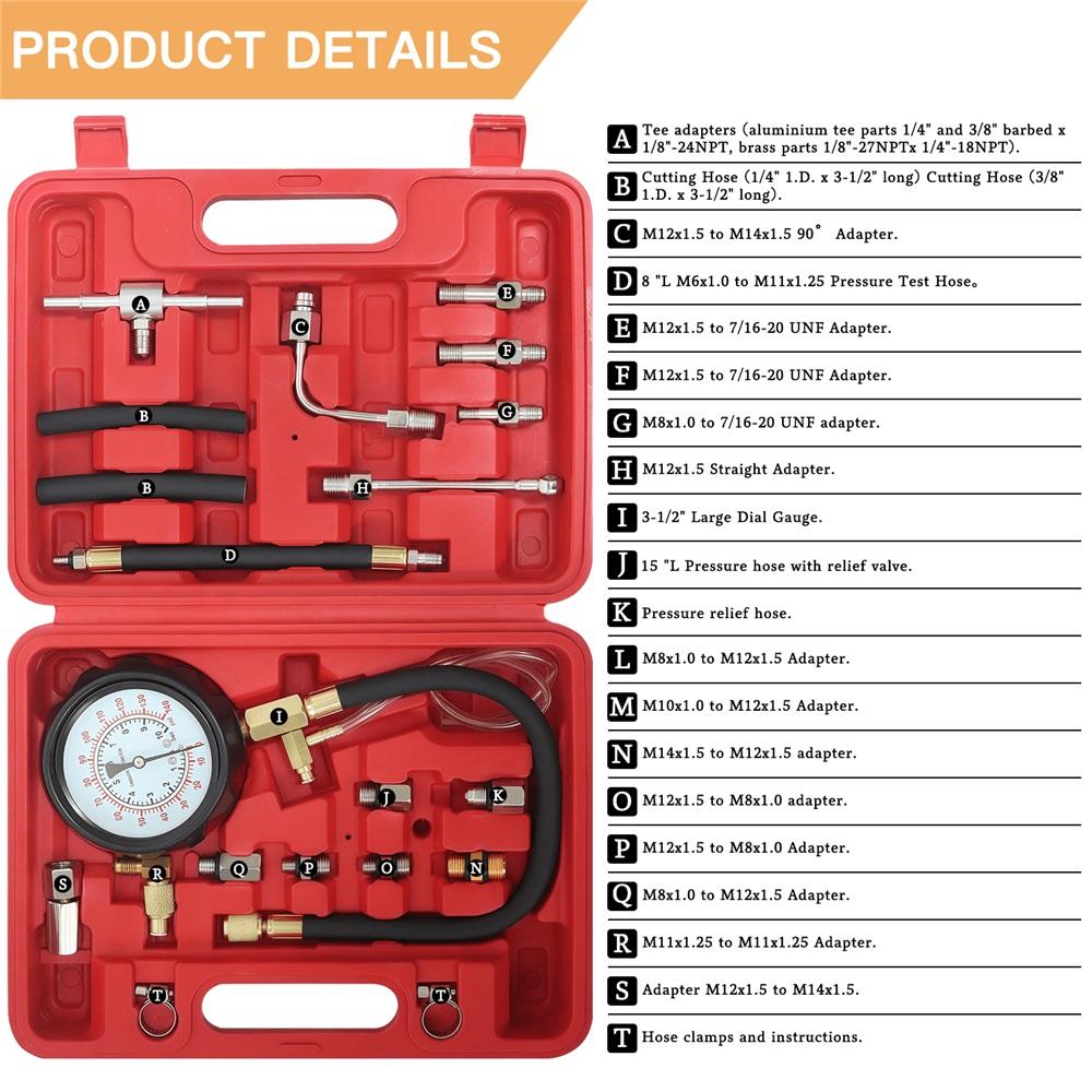 19-piece Fuel Pressure Gauge Tester Kit, 0-140PSI Oil Pressure Tester Kit, Gasoline Pressure Diagnostic Tool, Automotive Oil Pressure Gauge Kit