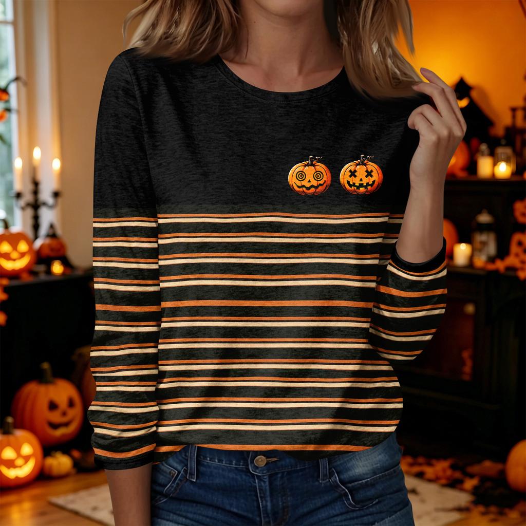Women's Casual Long Sleeve Halloween Print Neck T-Shirt