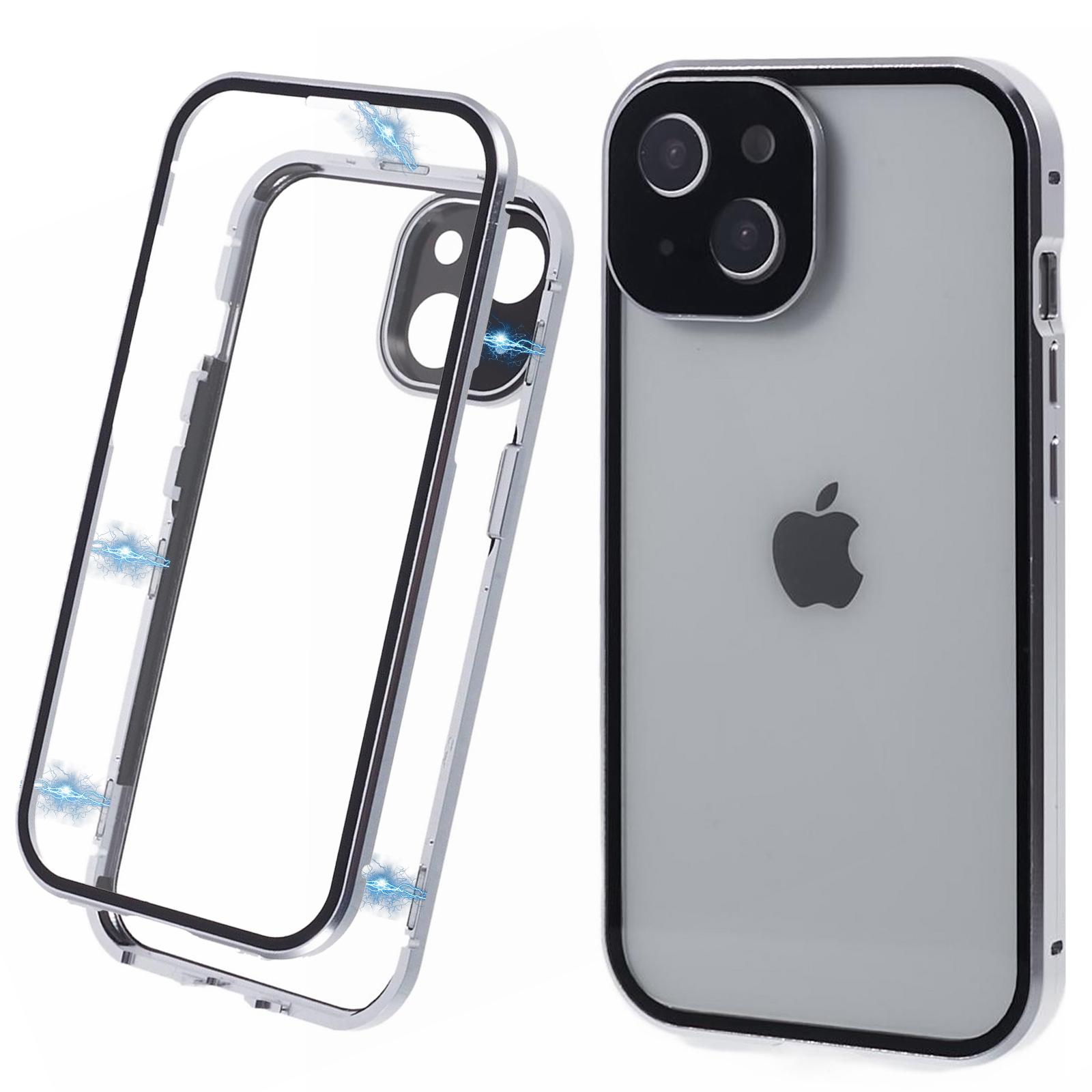 

For iPhone 14 Plus Double-Sided Tempered Glass Phone Case with Magnetic Adsorption Metal Frame Silver