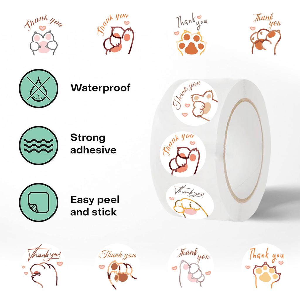 500 Pictures/roll Roll Sticker Tape Cartoon Cat Claw Thank You Material Envelope Seal Sticker