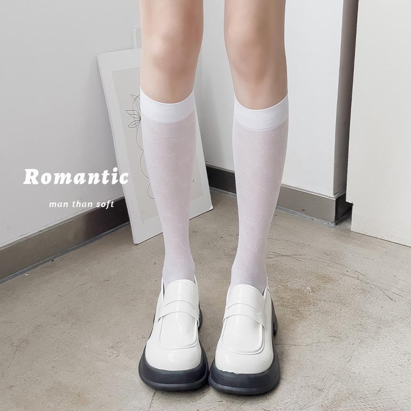 

Женские летние тонкие носки до колена с ромбовидным цветочным узором в стиле преппи 1 pair белый