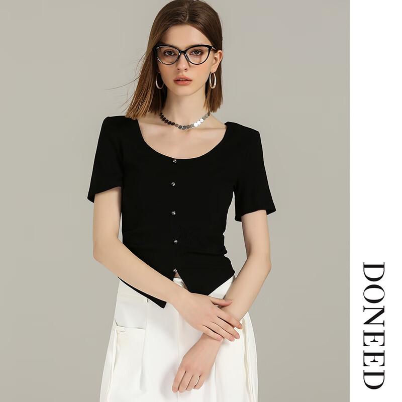 DONEED Women's Slim-Fit Solid Color Knitted Crew Neck T-Shirt