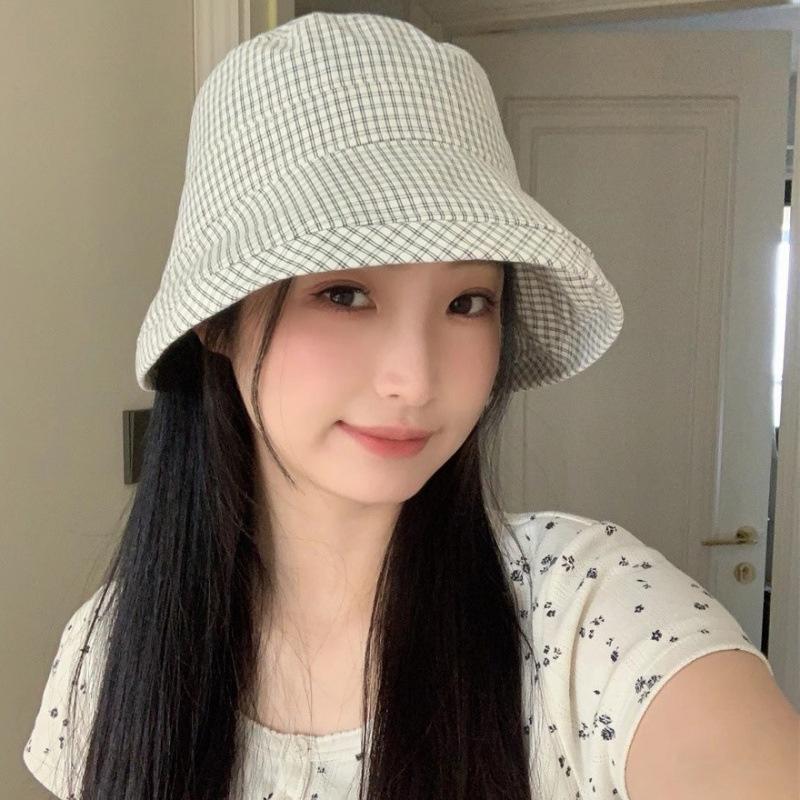 Summer Plaid Bucket Cap Curled Bow Plaid Sun Hat Foldable Quick-Dry Fisherman Caps Outdoor Mountaineering Hat