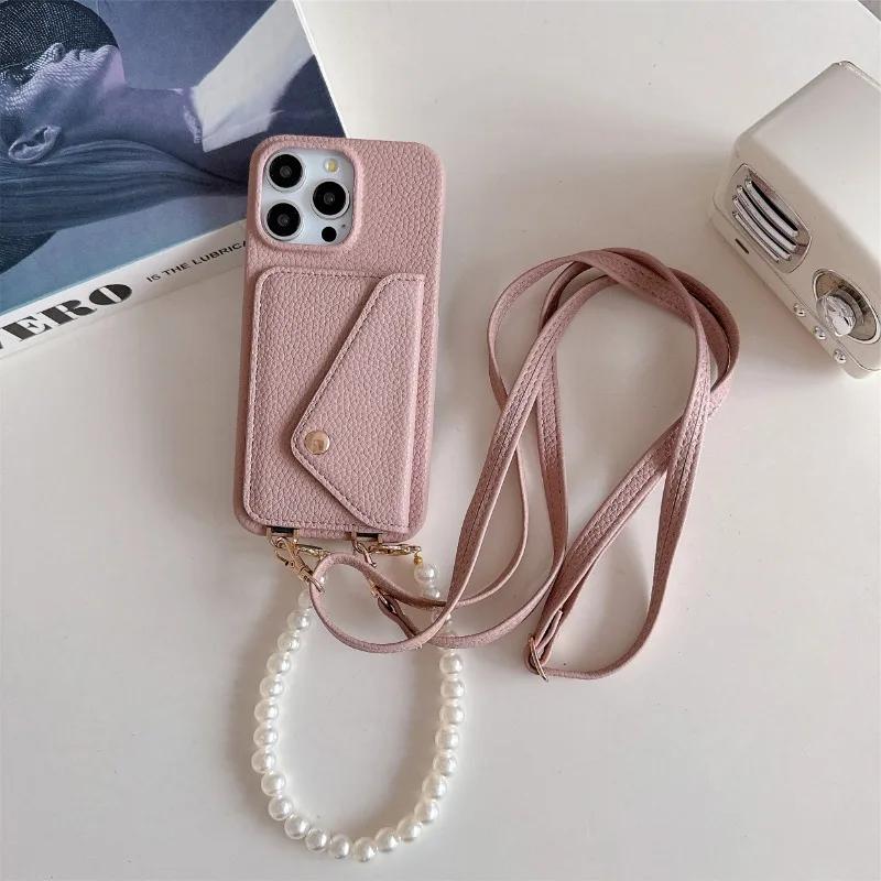 Leather Crossbody Wrist Strap Phone Case for IPhone 13 12 Mini 15 14 Plus 11 Pro Max Wallet with Card Holder Protective Cover