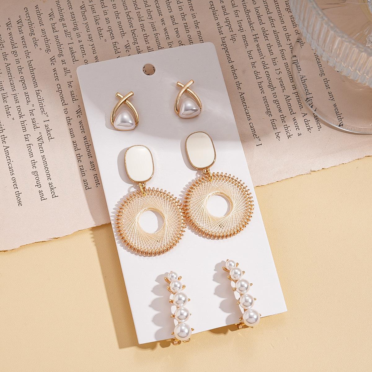 Six-piece imitation pearl geometric hollow round mesh silver needle earrings vacation style earrings