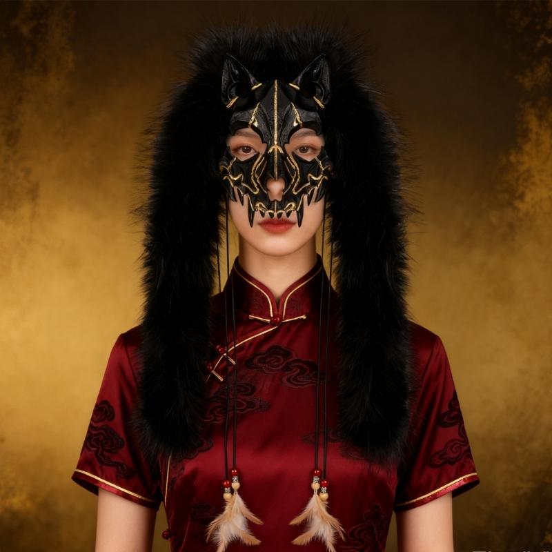 Animal Roleplay Face Cover Lightweight Plastic Structure And Detachable Faux Furs Halloween Accessory