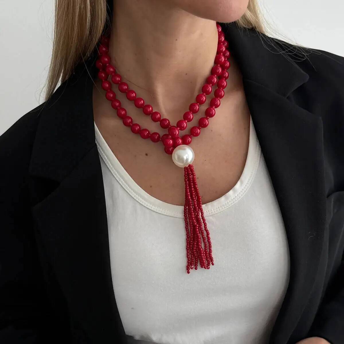 

SHIXIN 4 Colors Trendy Acrylic Bead Chain Necklace for Women Vintage Imitation Pearl Long Tassel Sweater Chain Jewelry Accessory красный