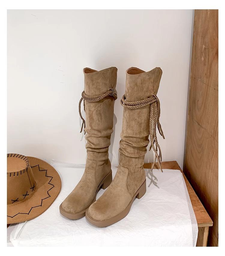 Retro wasteland fringed knight boots women's 2025 autumn new thick heel but knee boots slim pile boots