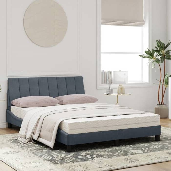 VidaXL Lit avec Matelas, Lit Rembourré avec Tête de Lit, Lit Double avec Sommier, Meuble de Chambre à Coucher, Gris Foncé 3208587