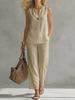 Women Solid Color V Neck Sleeveless Linen Blend Two Piece Set Casual Wide Leg Pants Outfit