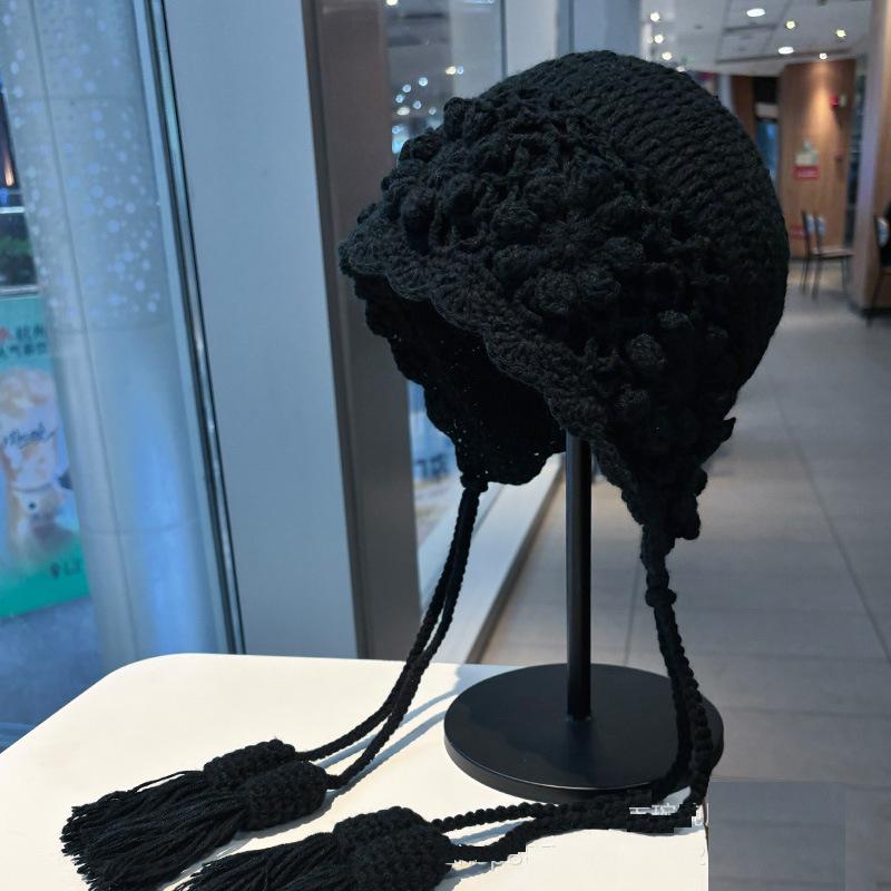 Korean Tassel Flower Knitted Ear Protection Hat Women Autumn Winter Warm Handmade Crochet Earmuffs Cap Girl Pullover Beanie Hat