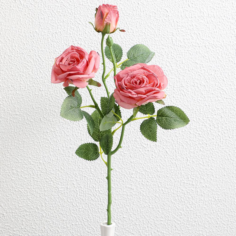 Scorched Edge 3-Head Artificial Rose, Retro Style Fake Flower for Home and Wedding Decoration, Photography Prop.
