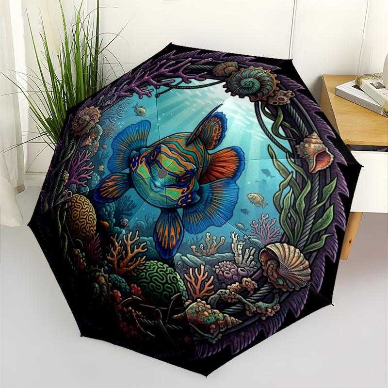 Underwater Marine Life pattern umbrella, portable and foldable design, 8 ribs, a casual accessory for Halloween, Christmas, and birthday gifts.