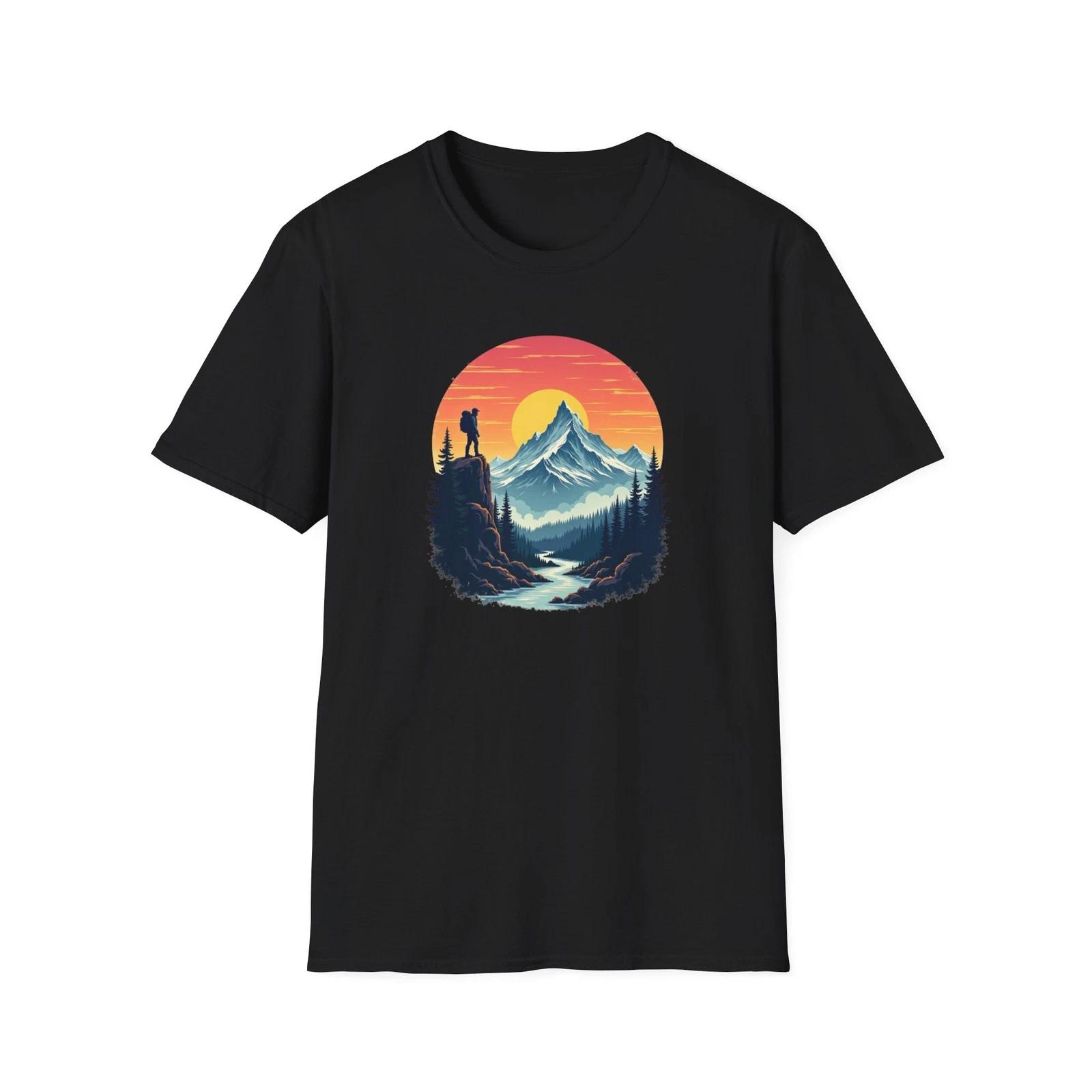 Mountain Sunset Hiker T-Shirt | Retro Nature Landscape XL