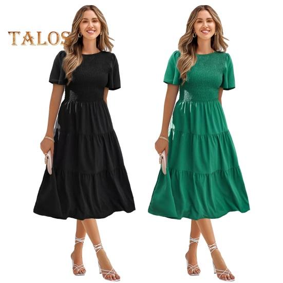 Damen Kurzarm-Smocked-Midikleid, Sommer-Rundhalsausschnitt, plissiertes langes Kleid, lässiges, gestuftes, fließendes A-Linien-Kleid