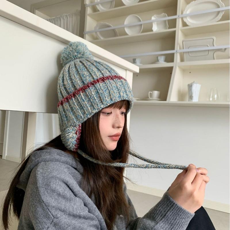 Fashion Knit Hat With Ear Flaps Tie Pom Pom Warm Winter Hat