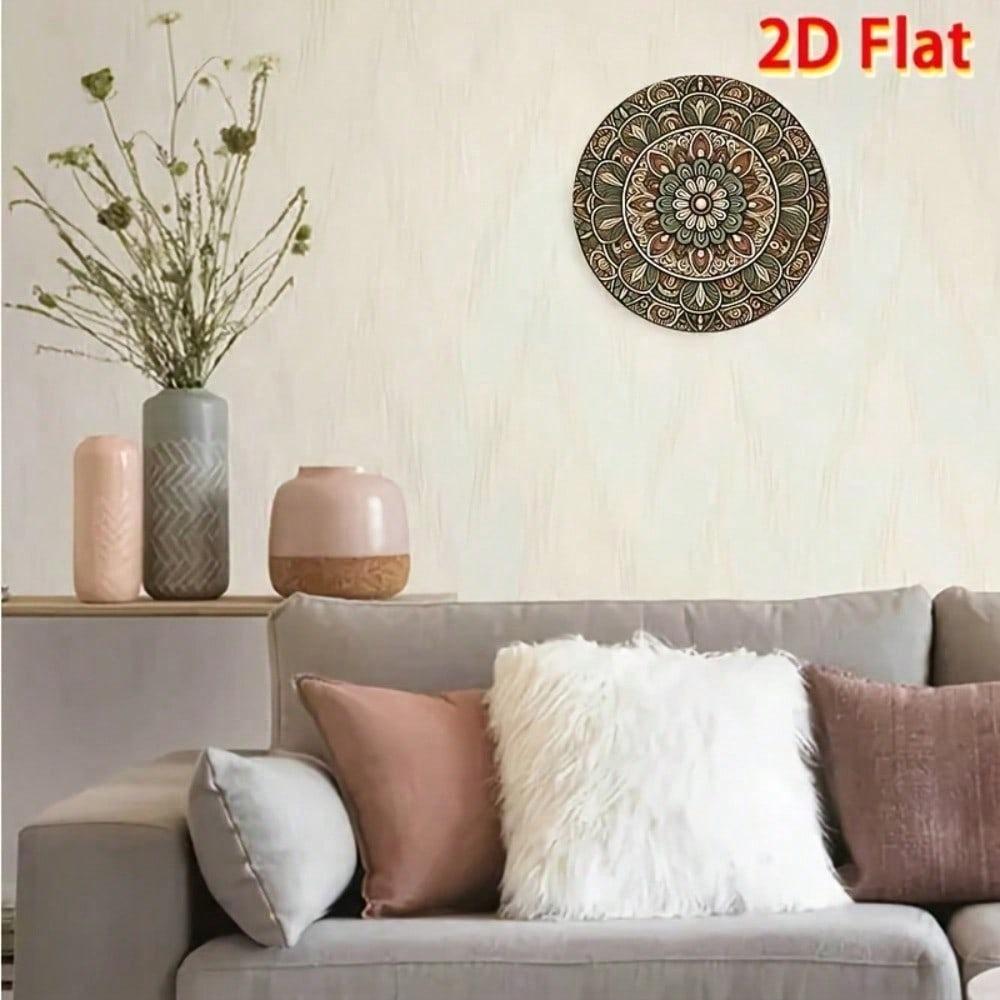 Vintage Mandala Metal Wall Art Round 7.87 Inch 2D Flat Floral Decorative Plate for Home Decor Green Brown Beige