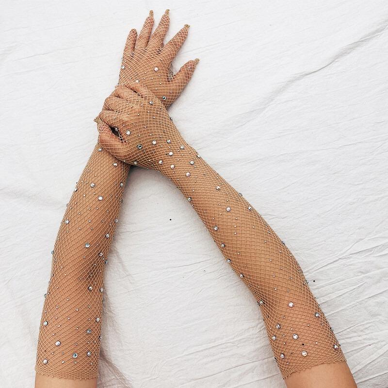 2 Pair Mesh Gloves Fishnet Crystal Rhinestone Long Full Finger Arm Opera Party Lace