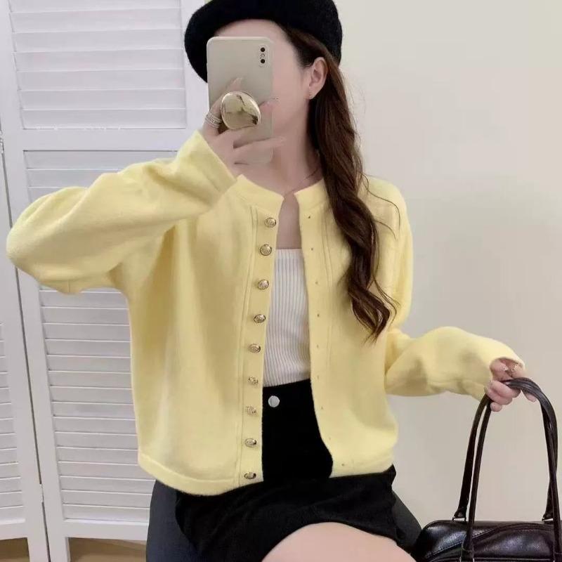 Early autumn new round neck knitted cardigan with top women's short versatile solid color soft waxy long-sleeved sweater jacket women