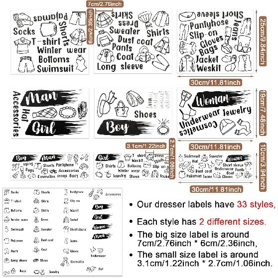 Spakon 9 Sheets Dresser Clothing Labels Removable Drawer Clothes Design Decals Wardrobe Decorative Bedroom Clothes Drawer Stickers for Organizing