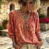 Women's Casual Vacation Floral Deep V-Neck Three-Quarter Sleeve Blouse with Puff Ruffle Cuffs