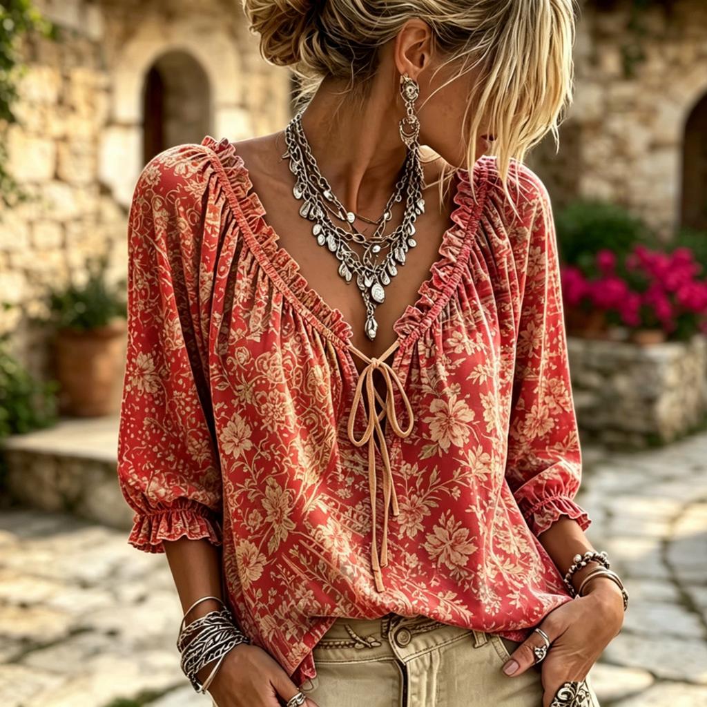 Women's Casual Vacation Floral Deep V-Neck Three-Quarter Sleeve Blouse with Puff Ruffle Cuffs