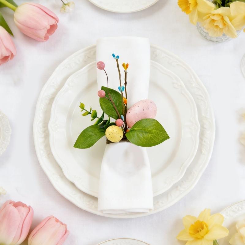 Easter Themed Simulated Green Grass Napkin Rings With Silk Leaf And Colorful Eggs For Festival Table Decoration