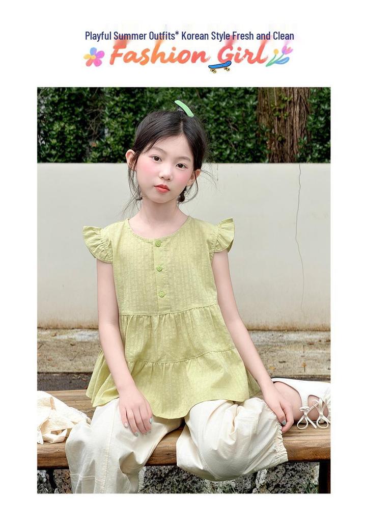 Summer 2026 Korean Chic Girls' Flutter Sleeve Vest & Wide-Leg Pants Two-Piece Set
