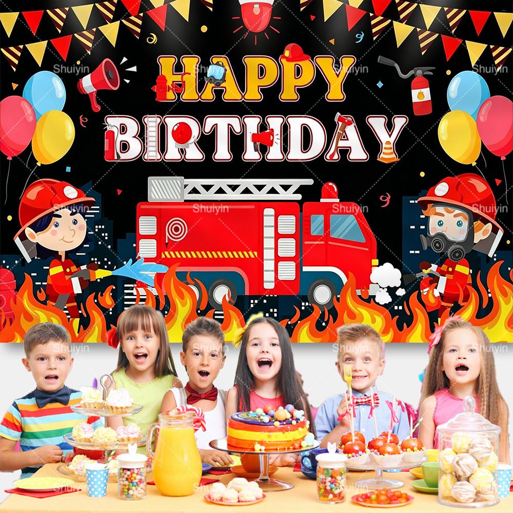 Sfondo a Tema Pompieri e Camion dei Pompieri Cartoni Animati Decorazioni Compleanno Ragazzo Fiamme Rosse Articoli per Feste Sfondo Fotografico