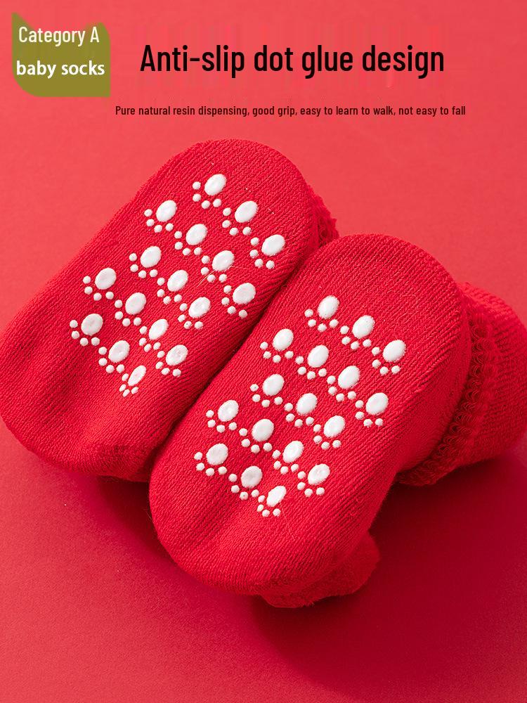 Infant Winter Socks Gift Set: Red Thick Terry Cloth Non-Slip Gel Dot Floor Socks for Baby's First New Year.