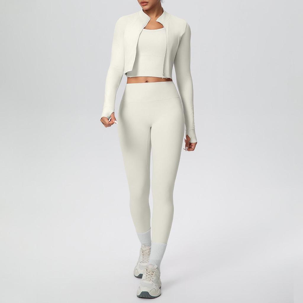 Three-Piece Yoga Set: Cross-Back Sports Tank, Zipper Jacket, High-Waisted Butt Lifting Leggings