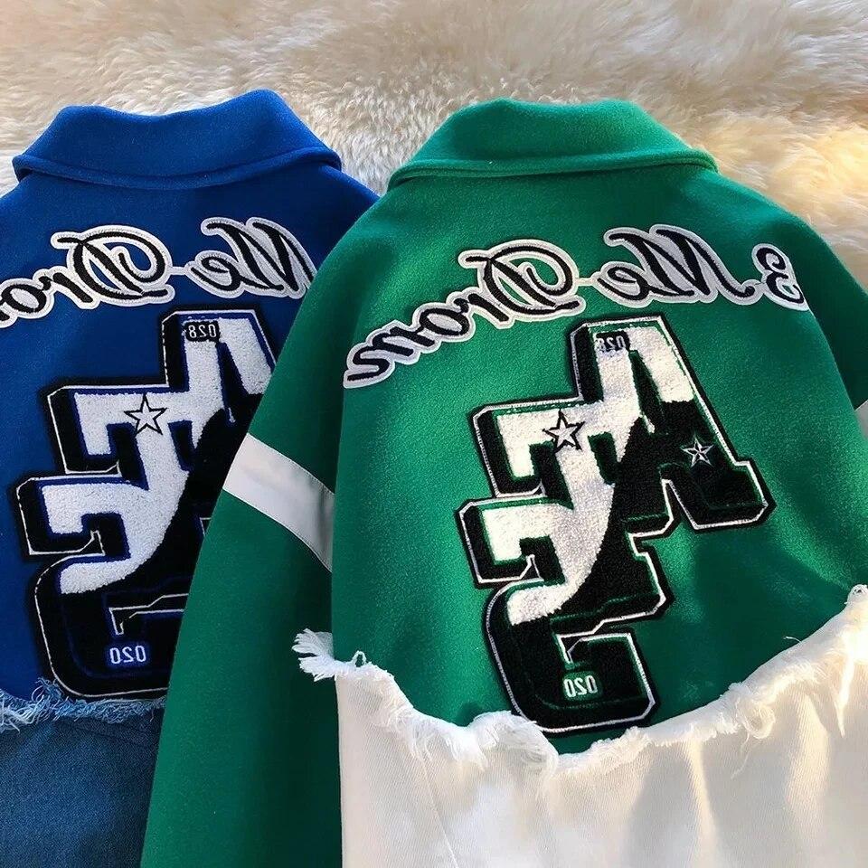 Blue Denim Stitching Baseball Uniform Jacket Women Spring and Autumn Thin Lapel Couple Men Jacket American Retro Trend