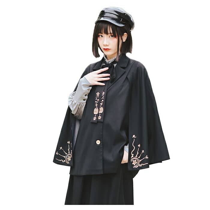 

Вышивка лисы-феи плащ в стиле ретро куртка кейп рукав с разрезом кейп верхняя одежда длинный рукав узор ёкай лиса бог Инари японский узор черный элегантный чёрный