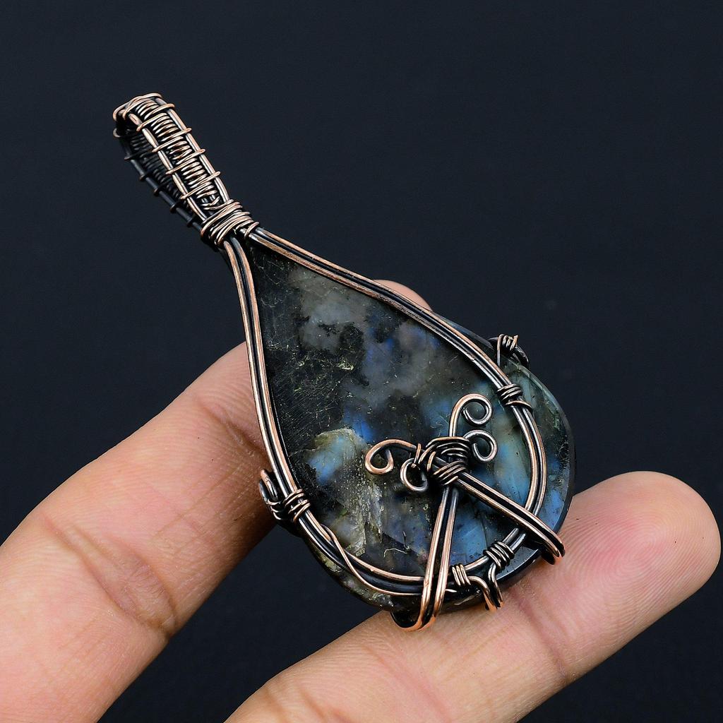 Labradorite Pendant, Handmade Gemstone 999 Copper Wire Wrapped Pendant Antique Jewelry, For Gift Silver Jewelry
