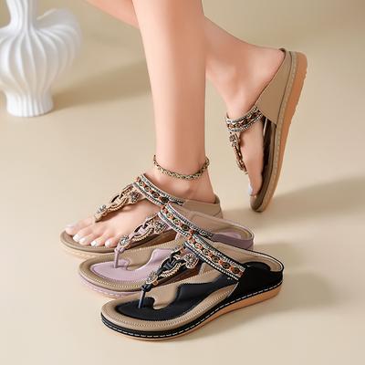 Sandálias Femininas Estilo Boho de Verão Sandálias Baixas Sola Grossa Macias Confortáveis Elegantes Sandálias de Praia Femininas Rosa Preto Tamanho Grande 42