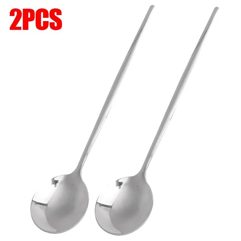 1/3Pcs Stainless Steel Spoon Thicken Long Handle Soup Spoons Round Scoops Ice Cream Dessert Coffee Drinking Kitchen Tableware