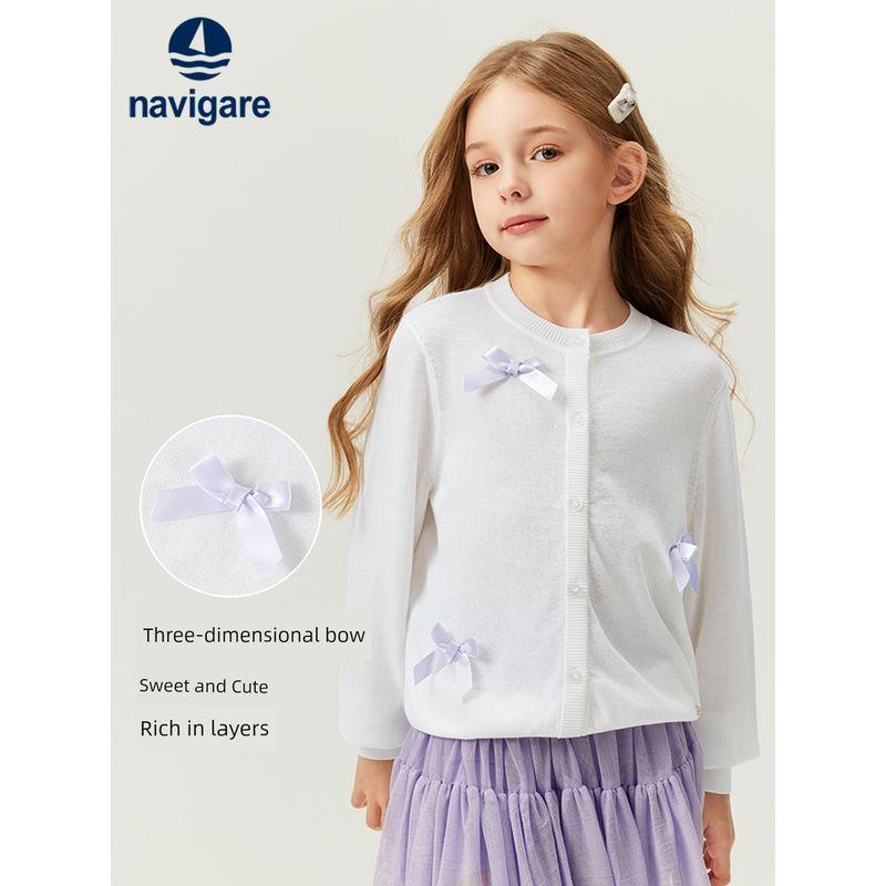 Navigare Italian Small Sailboat Children's Knitted Cardigan Sweater Spring Girls' White Jacket with Bow Top