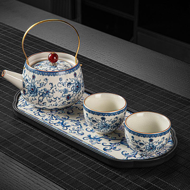New Chinese Style Huangru Kiln Flower Teaware Sets with One Pot and Two Cups Tea Set and Dry Brewing Plate Tea Stand