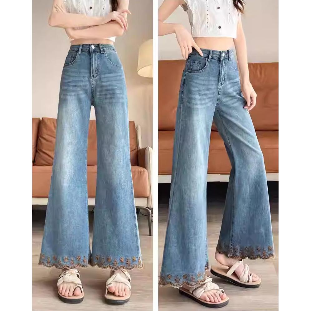 Light Plus Size Embroidered High-Waisted Wide-Leg Jeans for Women - Autumn/Winter Retro Bell Bottoms.
