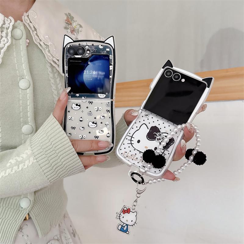 New Hello Kitty Cat Ear Glitter Clear Phone Case With Pearl Pom Pom Lanyard For Samsung Galaxy Z Flip 3 4 5 6 7 INS Cute Shockpr