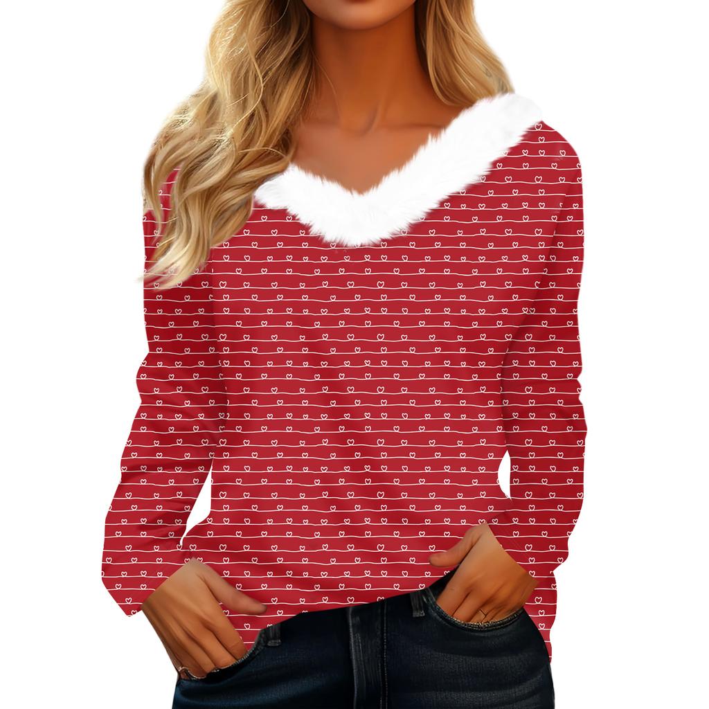 Women's Valentine's Day Printed Long-Sleeved Shirt, V-Neck, Casual Loose-Fitting T-Shirt Top